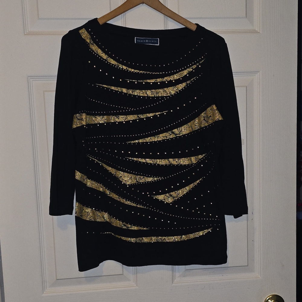 Karen Scott Black Long Sleeve Top with Gold Design